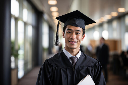 Generative AI illustration of smiling asian young male graduate holding a diploma, wearing a cap and gown, standing in a well-lit hallway