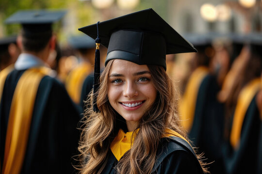 Generative AI illustration of confident young female graduate with a beaming smile, wearing a black cap and gown with a yellow stole