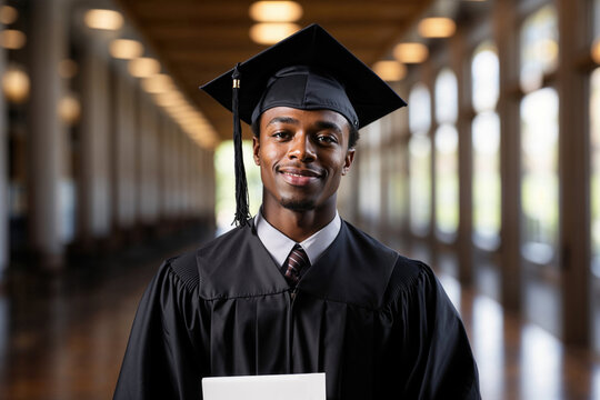 Generative AI illustration of smiling young black male graduate holding a diploma, wearing a cap and gown, standing in a well-lit hallway