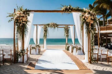 Seaside splendor: wooden arch embellished with flowers, a path to love's union
