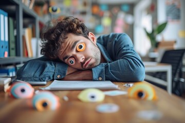 A Fatigued Businessman, Using Eye Stickers, Naps Ineffectively At His Desk. Сoncept Workplace Burnout, Sleep Deprivation, Unhealthy Habits, Need For Self-Care, Work-Life Balance - obrazy, fototapety, plakaty