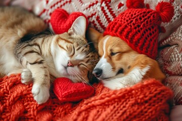 Adorable Cat And Corgi Cuddle On Bed, Hugged By Red Knitted Hearts. Сoncept Funny Dog Tiktoks, Relaxing Beach Vibes, Cozy Winter Fashion, Delicious Food Photography