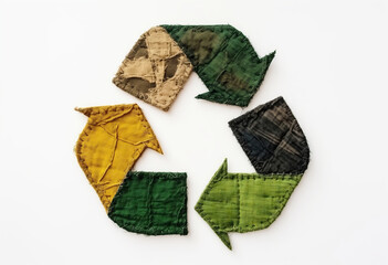 Recycle symbol made of stitched fabric pieces Generative AI image