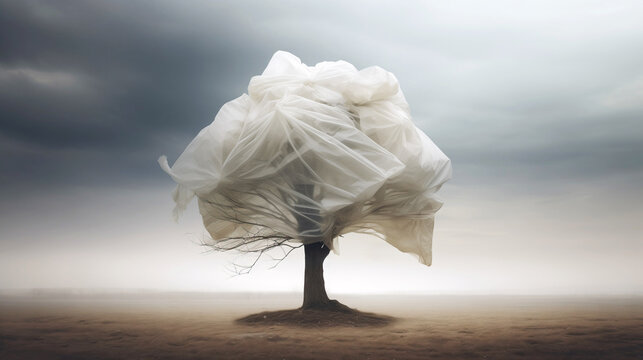 Solitary tree adorned with white fabric in a desolate landscape Generative AI image