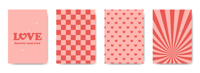 Groovy valentines day backgrounds in retro style set. Greeting card and cover templates collection - obrazy, fototapety, plakaty