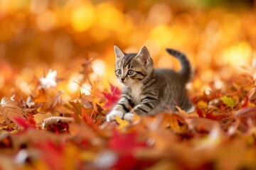Adorable Kitten Frolics Joyfully Amidst A Sea Of Vibrant Autumn Foliage