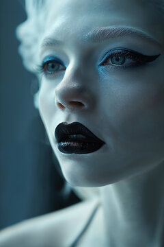Generative AI illustration of close-up of an albino woman with bold black lips and blue eyeshadow in a moody, cool-toned setting