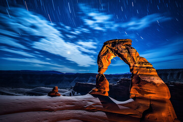 Delicate Arch in Arched National Park at night with stars trails, illustration imagined by AI - obrazy, fototapety, plakaty