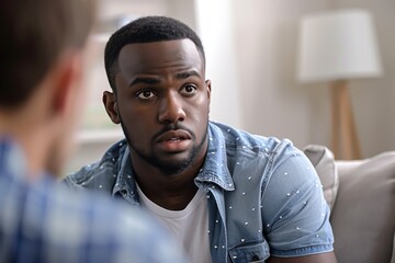 Counselor's Support Sheds Light On African American Man's Struggles With Social Issues. Сoncept Mental Health Awareness, African American Experiences, Social Issues, Counseling Support - obrazy, fototapety, plakaty