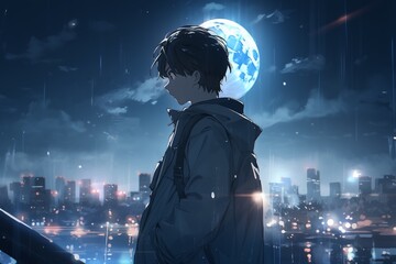 An Atmospheric Shot Of A Young Anime Boy Gazing At The Moon In A Cityscape At Night. Сoncept Anime Photography, Nighttime Cityscape, Moonlit Portraits, Atmospheric Shots