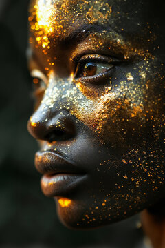 Generative AI illustration of close-up of an African woman face adorned with shimmering gold glitter highlighting her contemplative expression