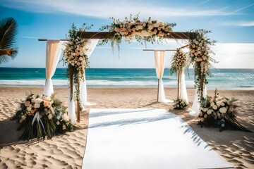 Elegant beach ceremony: wooden arch, floral beauty, and a white wedding walkway