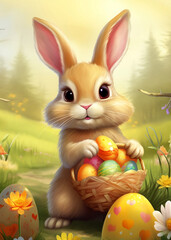 Cute Easter Bunny with Easter Basket and Easter Eggs