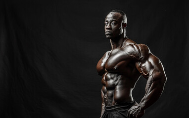 Fototapeta na wymiar Bodybuilder in a pose on a black background, ai technology