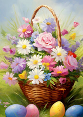 Easter Floral Basket with Spring Flower and Easter Egg