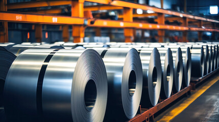 Rolls of aluminum metal fittings and blanks. Heavy industry production. Metallurgical plant. Selective focus