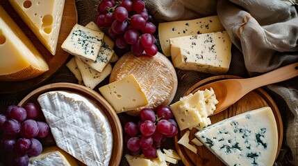 cheese and grapes, a variety of cheeses and grapes are arranged together in a circle on a table top, with a wooden spoon