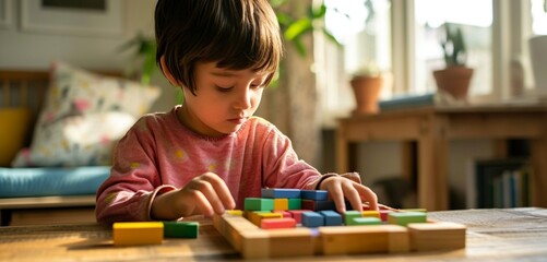 Joyful moment as a child arranges Montessori pattern blocks, unlocking early math skills.