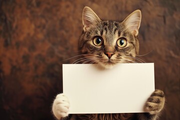 Cat Holding White Banner On Brown Background