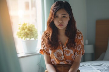 Asian Woman Suffering From Stomach Pain Due To Digestive Issues, Sitting In Bedroom Standard. Сoncept Medical Condition, Digestive Issues, Stomach Pain, Asian Woman, Bedroom