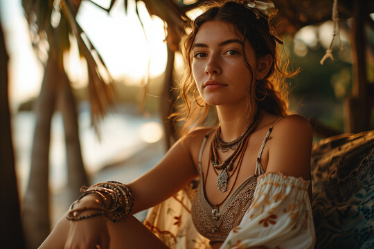 Young woman in bohemian attire relaxing at sunset at the beach. Generative AI image