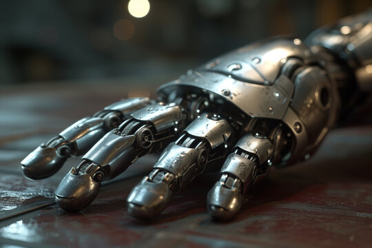 Detailed metallic robot hand on a surface. Generative AI image