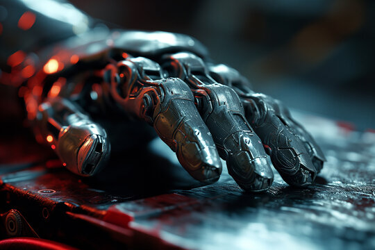 Futuristic robotic hand illuminated in blue light. Generative AI image