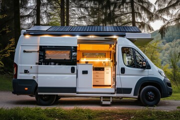 Eco-Friendly Camper Van: Harnessing Solar Panels And Modern Technology For Sustainable Travel. Сoncept Sustainable Travel, Solar-Powered Camper Van, Eco-Friendly Adventure, Green Road Trip - obrazy, fototapety, plakaty
