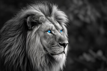 Captivating Lion Portrayed In Monochrome With Mesmerizing Blue Eyes. Сoncept Abstract Paintings, Serene Landscapes, Candid Street Photography, Elegant Fashion Shoot, Dramatic Black And White Portraits