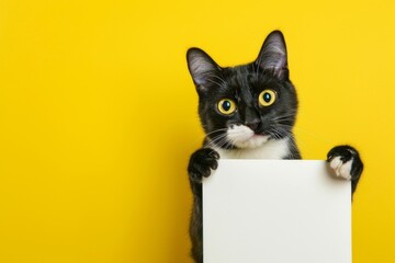 Cat Displaying A White Banner Against A Yellow Background