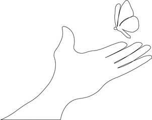 One continuous line drawing of hand holding butterfly. Beautiful flying moth for wellbeing beauty or spa salon logo in simple linear style.  vector illustration