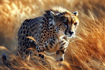 Cheetah Prowling On Savanna, Digitally Depicted In Captivating Artwork. Сoncept Sunset Over Ocean,...