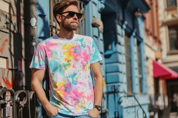 Vibrant Street Fashion: Man Showcasing Colorful T-Shirt Mockup