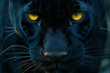 Close Up Of Intense, Yellow Eyes Of A Black Panther In The Night. Сoncept Animal Encounters, Nighttime Wildlife, Capturing Intensity