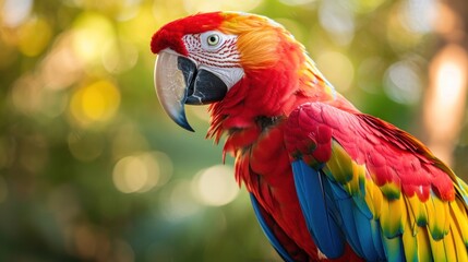 Fototapeta premium Beautiful colored macaw parrot, copy space A place to add text or designs.