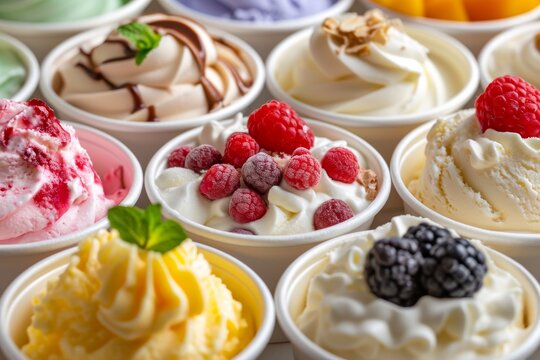 Closeup Shot Of Creamy Ice Cream Containers In Various Flavors With Fresh Fruit Toppings A Refreshing Summer Dessert. Сoncept Delicious Ice Cream, Summer Treats, Fruit Toppings, Refreshing Dessert