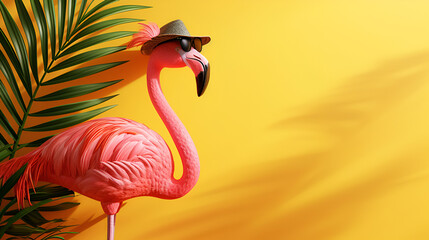Pink flamingo with sunglasses and hat under palm leaf on yellow summer background, generative ai