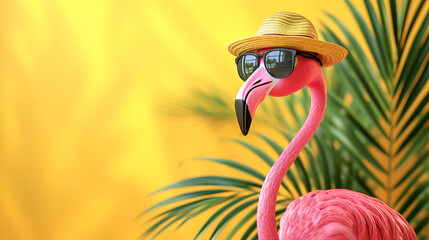 Pink flamingo with sunglasses and hat under palm leaf on yellow summer background, generative ai - obrazy, fototapety, plakaty