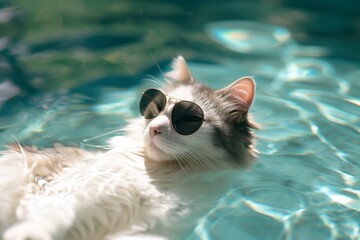 A Fashionable Feline Relaxing In A Tranquil Pool While Wearing Sunglasses. Сoncept Fashionable Feline, Tranquil Pool, Sunglasses, Relaxing, Stylish