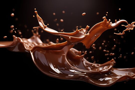 A macro shot of chocolate shavings gracefully falling onto a glossy surface, resulting in an artistic abstract display.