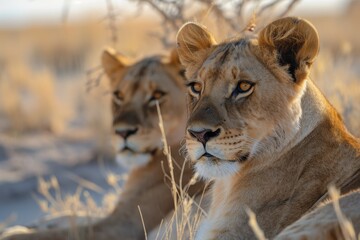 Curious Teenage Lions In The Desert, Captivated By The Cameras Gaze. Сoncept Surreal Landscapes, Majestic Wildlife, Adventure Photography, Mesmerizing Desert Sunsets