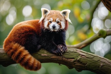 Cute Red Panda Perched On A Scenic Tree Branch. Сoncept Wildlife Photography, Adorable Animals,...