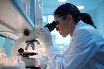 Generative AI illustration of focused female scientist is meticulously analyzing samples through a microscope in well-equipped laboratory environment