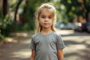 Fototapeta premium The Little Girl In Grey Tshirt On The Street, Mockup