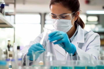 Generative AI illustration of focused female scientist wearing a mask and gloves is carefully handling a test tube in a modern laboratory