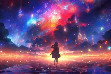 A Captivating Anime Moment: A Girl Contemplates The Starry Sky, Immersed In Vibrant Nightscapes. Сoncept Cosmic Wonder: Stargazing Adventures, Anime Magic: Starry Night Reflections