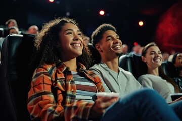 Fototapeta premium Side view of smiling caucasian girl enjoying film with friends.