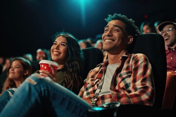 Cheerful couple, young man and woman having fun, sitting at the cinema, watching a movie.
