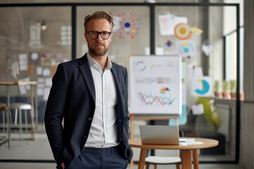 Obraz premium Portrait of handsome creative businessman looking at camera in office.