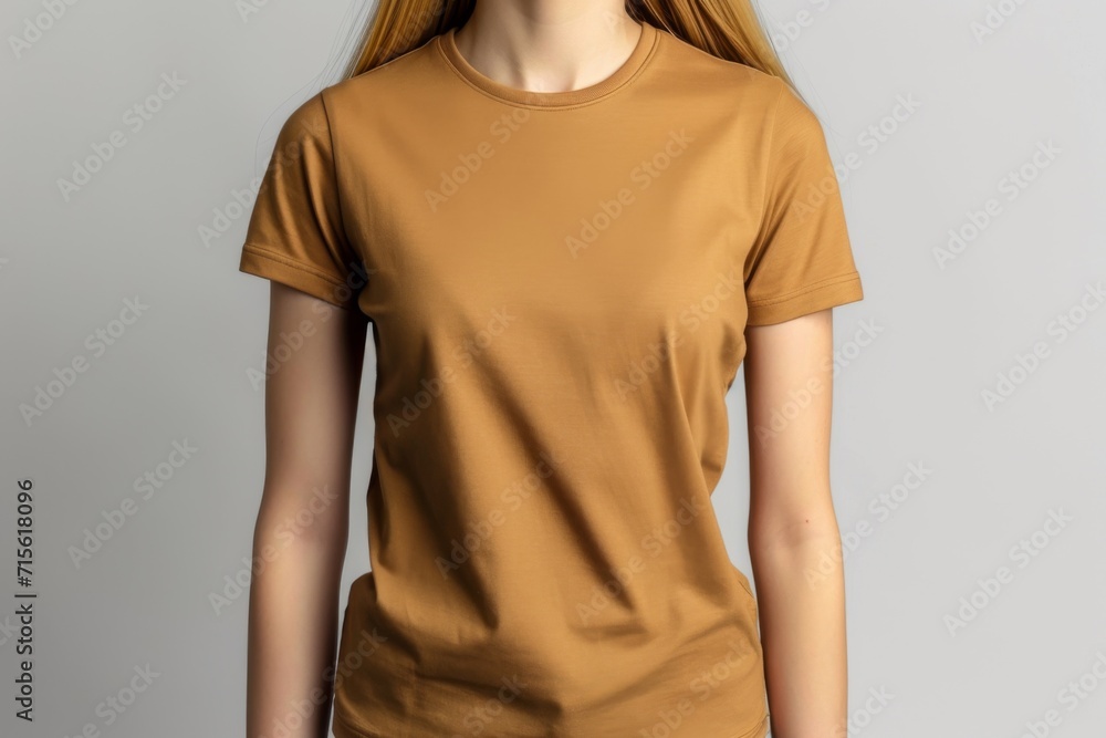 Sticker Woman In Brown Tshirt On White Background, Mockup